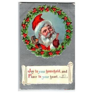 1910 Embossed Santa Claus Holly Wreath Christmas Postcard Denver Postmark